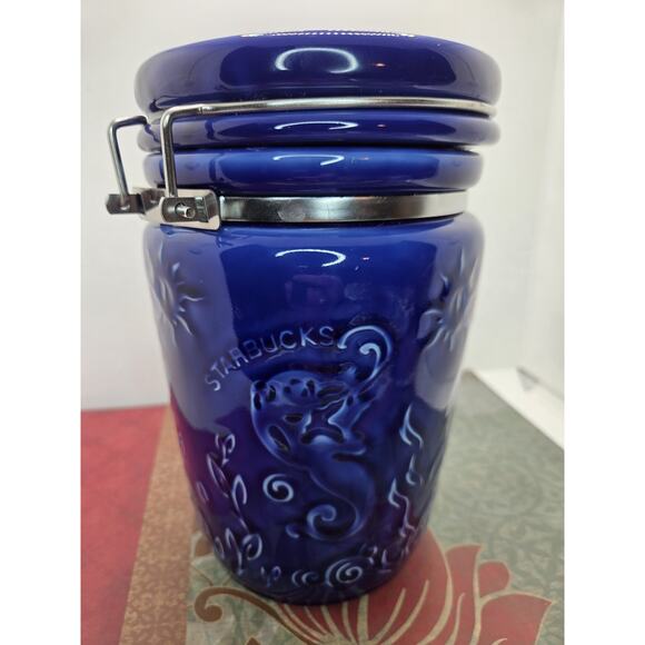 STARBUCKS Cobalt Blue Ceramic COFFEE CANISTER Jar Siren MERMAID 8.5" H - Picture 8 of 8